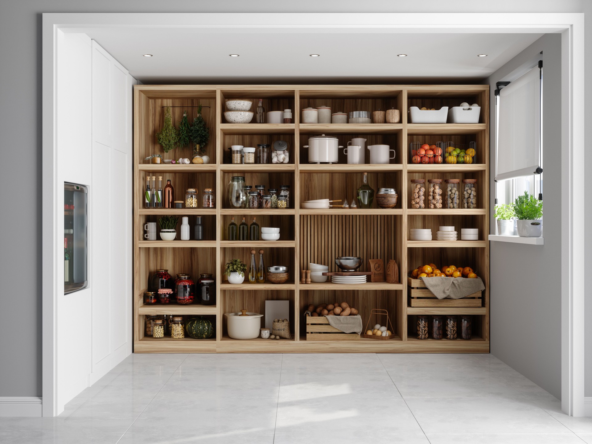 Organised Pantry Items, Non Perishable Food Staples, Fruits And Preserved Foods In Storage Room
